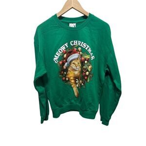 Cat Christmas sweatshirt crewneck green Meowy Xmas size med kitten orange kitty